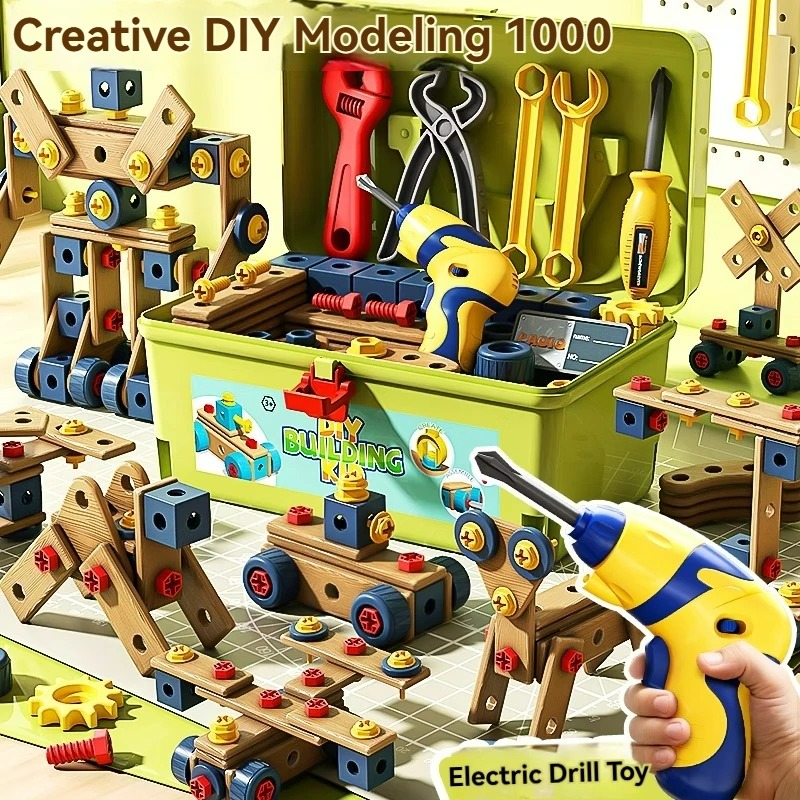 Fai finta di giocare Kit di strumenti di riparazione Cassetta degli attrezzi per bambini con trapano elettrico Sega Cacciavite Chiave Martello Smontare giocattoli educativi