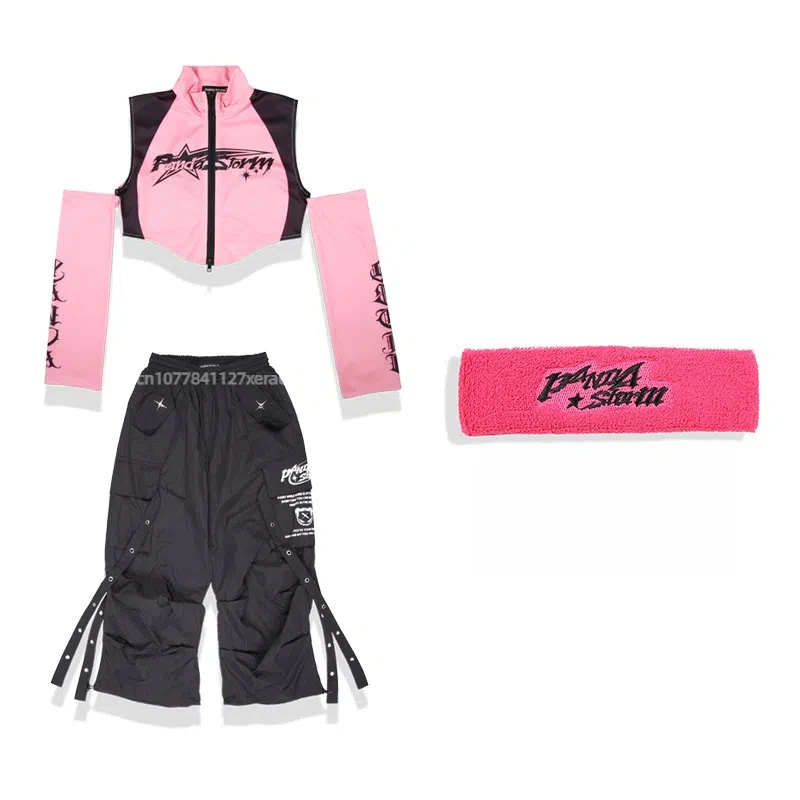 Danse de rue pour garçons et filles, danse jazz, défilé de mode, support de batterie, T-shirt, vêtements tendance, ensemble de costume de performance rose et noir