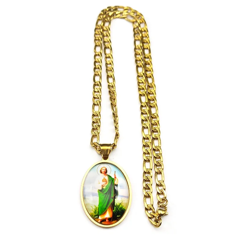 San Judas Tadeo-Medaillen-Anhänger-Halskette für Damen und Herren, Edelstahl, goldfarben, Heilige, Apostel Jesu, Amulett, Glaube, Schmuck – Detail 10