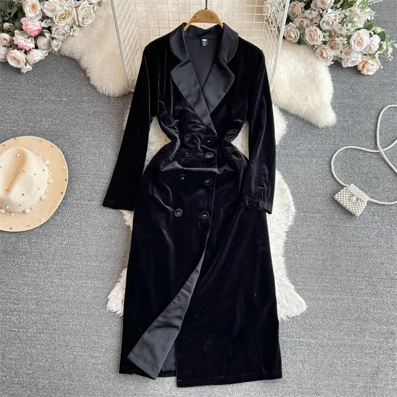 

Autumn Winter Blazer Dress High-End Temperament Long Sleeve Suit Collar Waistband Slim Medium Length A-Line Velvet Dress Z2783