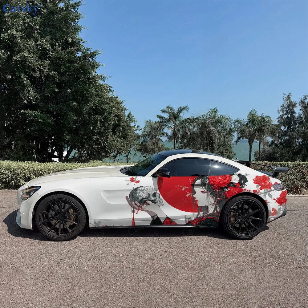 2pcs Red Sun Beauty Skull Car Side Wraps, Self-Adhesive PVC Waterproof & Scratch-Resistant Stickers, Car Accessory Gift