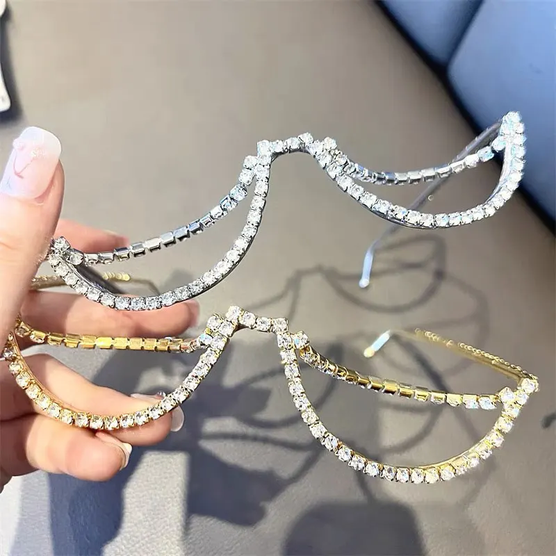 Women Fashion Half Frame Eyeglasses Double Layer Rhinestone Decor No Lens Spectacle Frame Luxury Bling Eyewear For Party Wedding