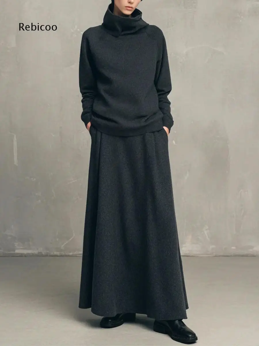 Women High Collar Long Sleeve Top And High Waist Maxi Skirt Two Piece Outfit With Side Pockets For Fall Winter Daily Wear