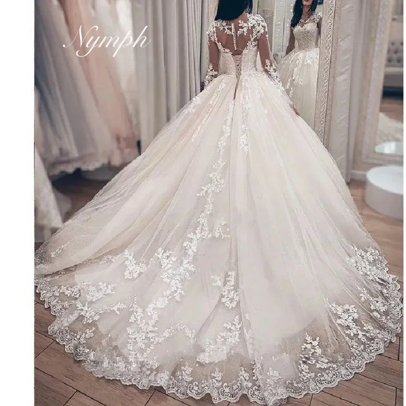 Vestido De novia De princesa personalizado, vestido De novia De manga larga con cuello redondo De talla grande con cuentas De encaje, bata De novia para boda