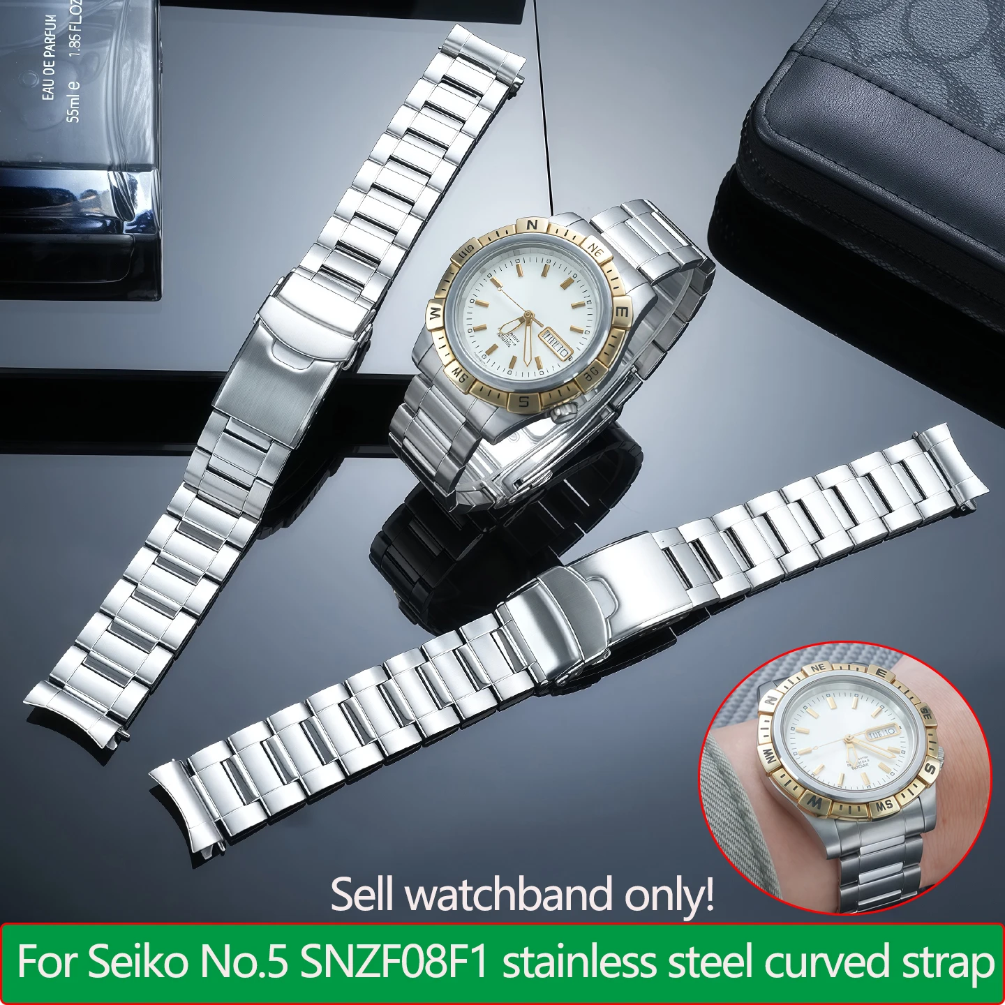 

20mm Arc end stainless steel strap fit for Seiko No. 5 42mm dial watchband SNZF08F1 men's metal bracelet Waterproof watch chain