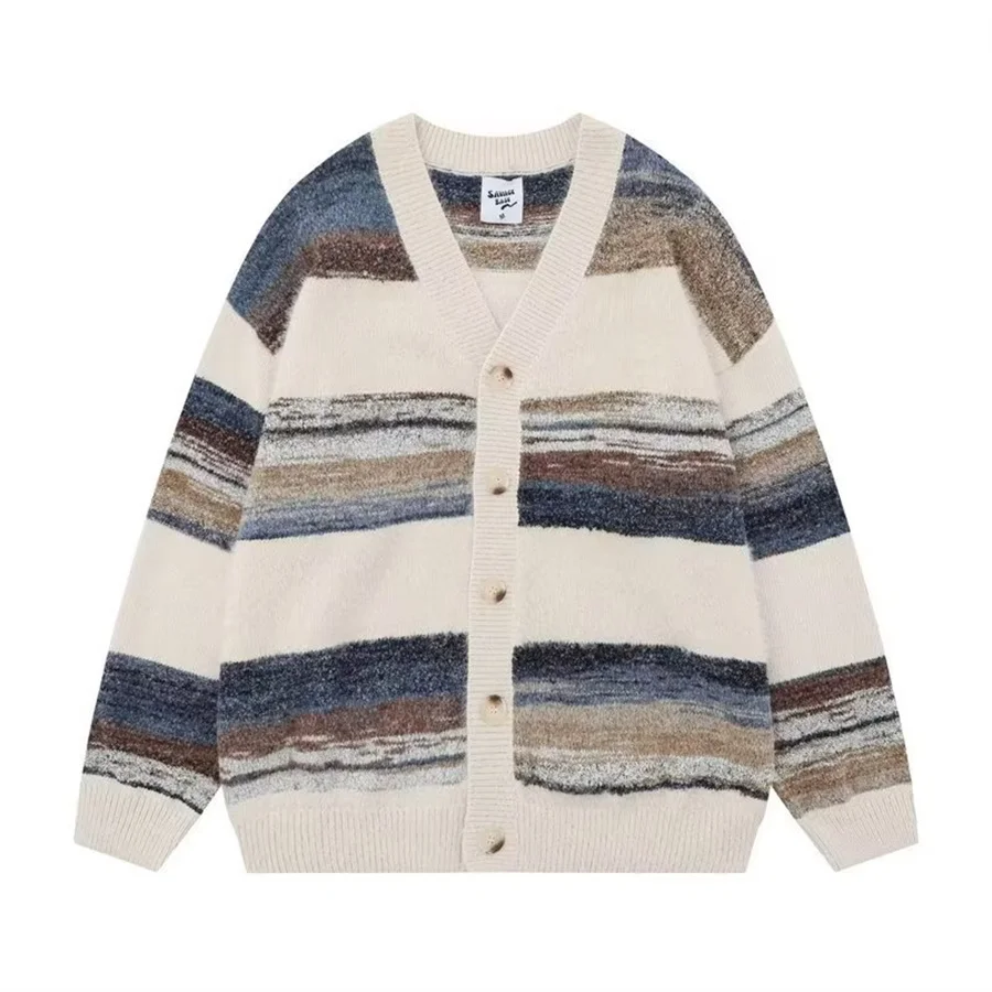 Cárdigan de punto para hombre, suéter a rayas, suéter informal con cuello en V, ropa para hombre, ropa de calle con botones, prendas de punto 2026