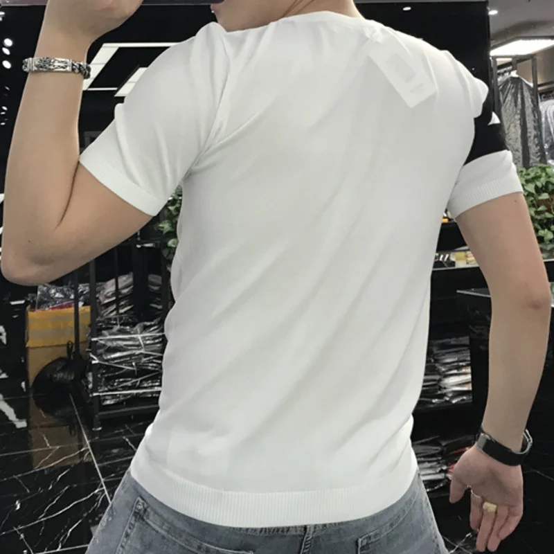 2022 Summer Patchwork Color Slim Fit Knitted T Shirt Men O-Neck Stretched Tee Shirt Homme Streetwear Fashion Men Casual T-Shirt