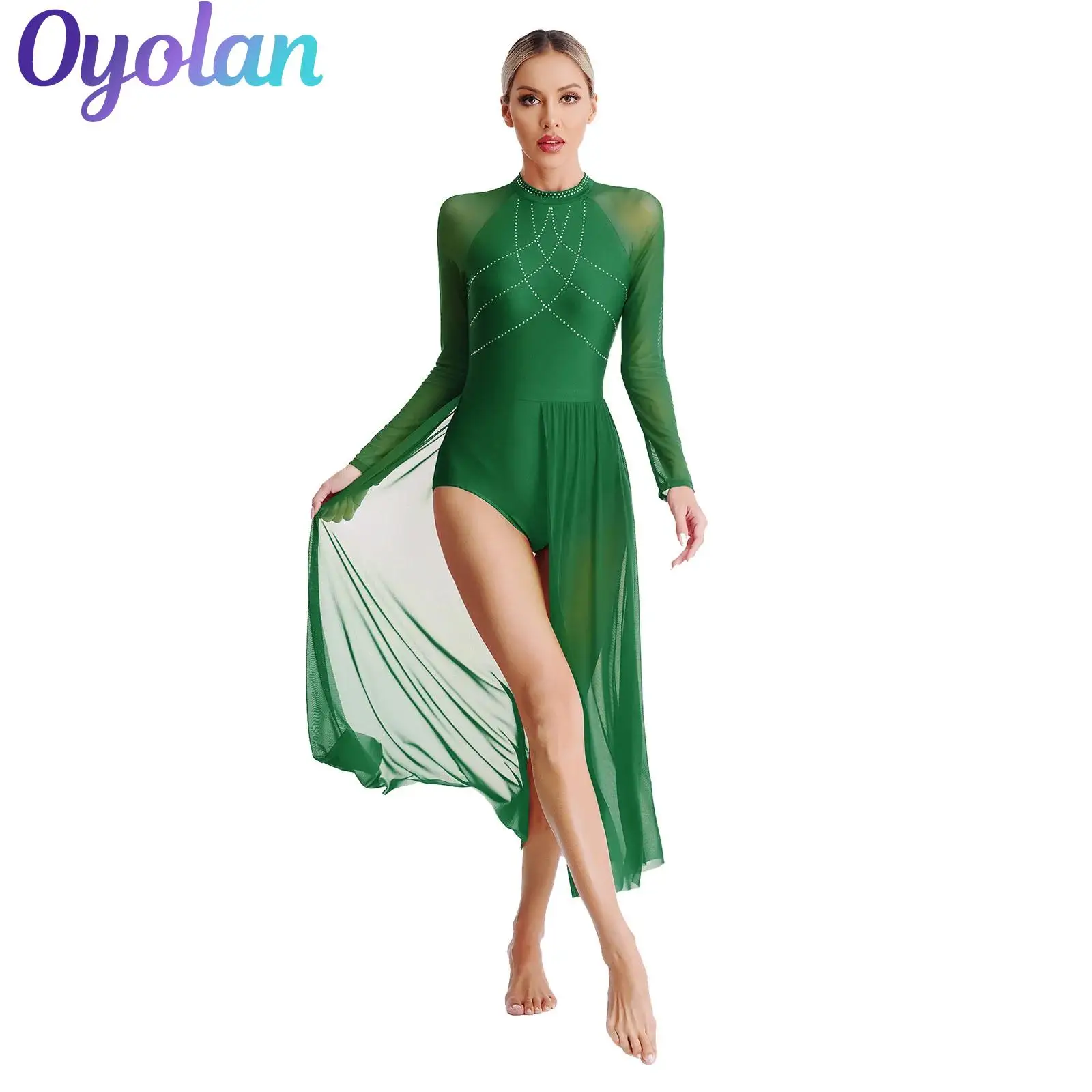 

Womens Glittery Rhinestones Ballet Lyrical Dance Costume Sheer Mesh Flowy Split Maxi Dress Long Sleeve Leotard Dresses Dancewear