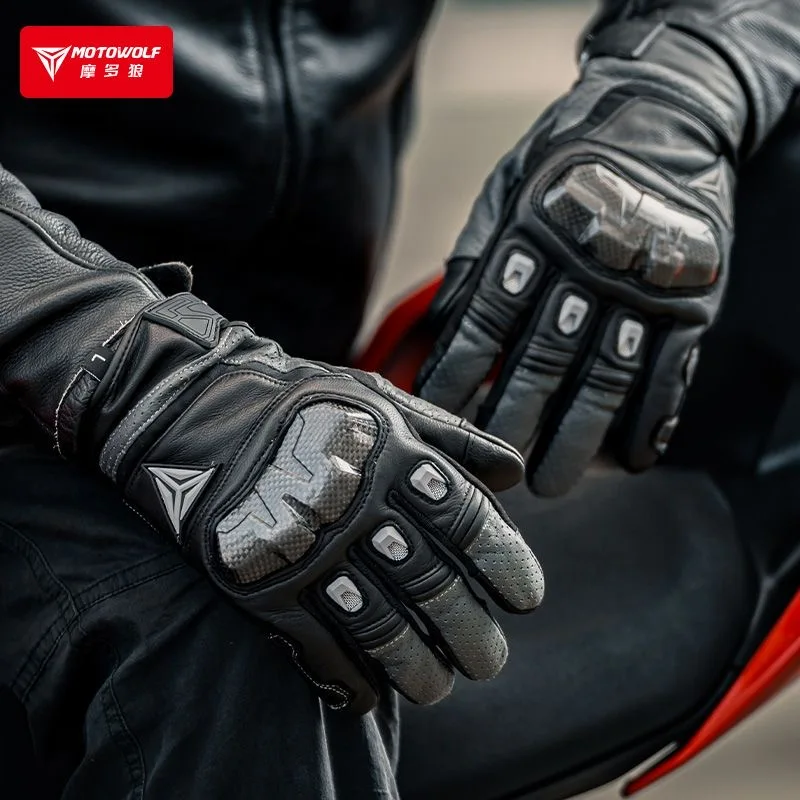 Motowolf Motorcycle Riding Gloves Genuine Sheepskin Windproof Fall Prevention Carbon Fiber Breathable Touch Screen Gloves