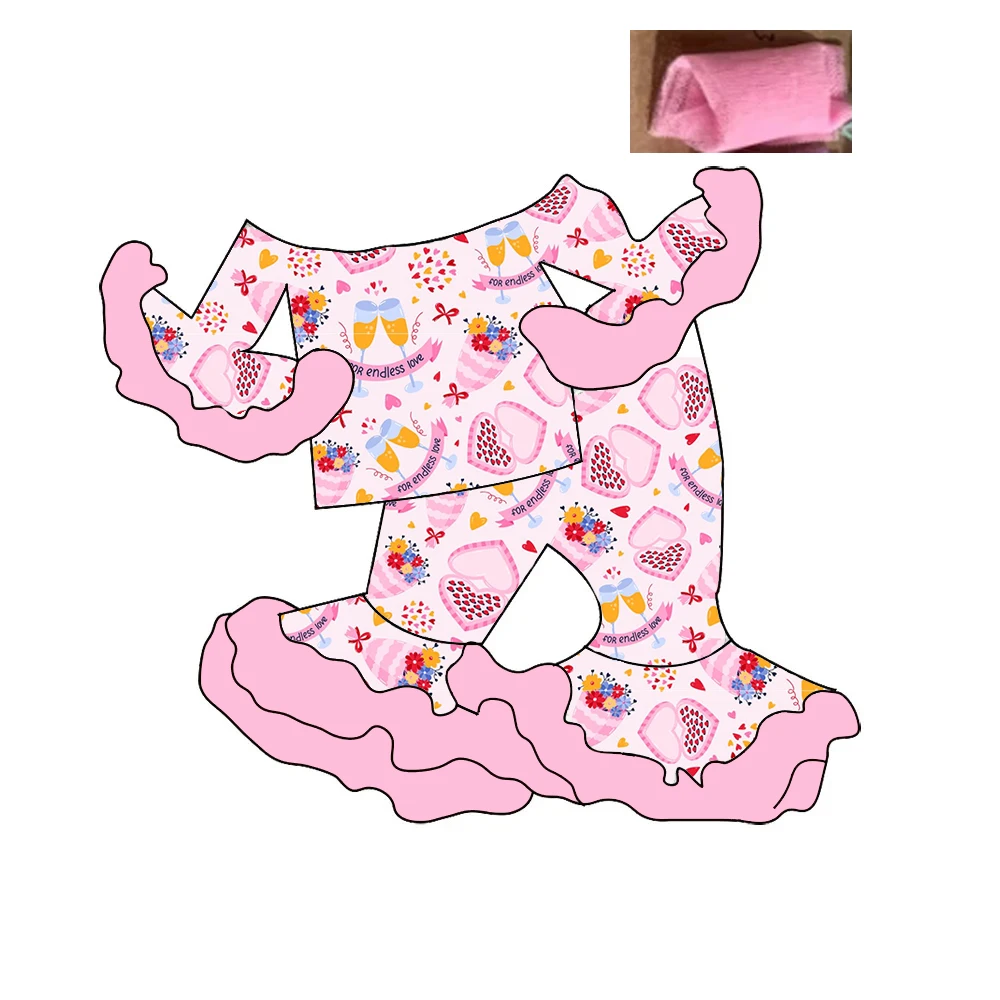 

Valentine's Day Collection Pink Floral Print Long Sleeve Top with Mesh Cuff Matching Flared Pants Baby Girl Fashion Boutique Set