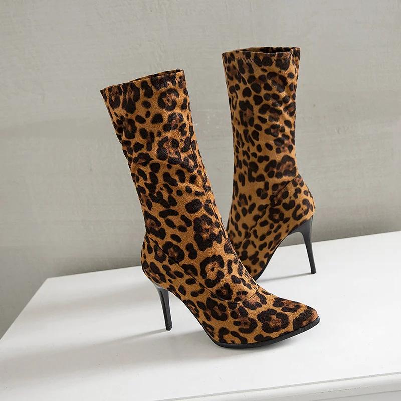 Soft Elastic Slim Leopard Boots Women Autumn Pointed Toe Mid-calf Boot Sexy Thin High Heels Short Black White Dance Shoes Ladies
