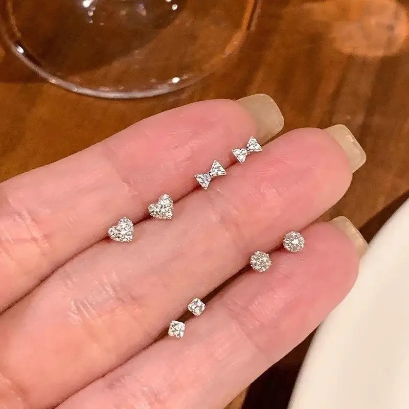 2/10Pcs Real 925 Silver Mini Geometric Zircon Stud Earrings Dainty Trendy Hypoallergenic for Everyday Wear