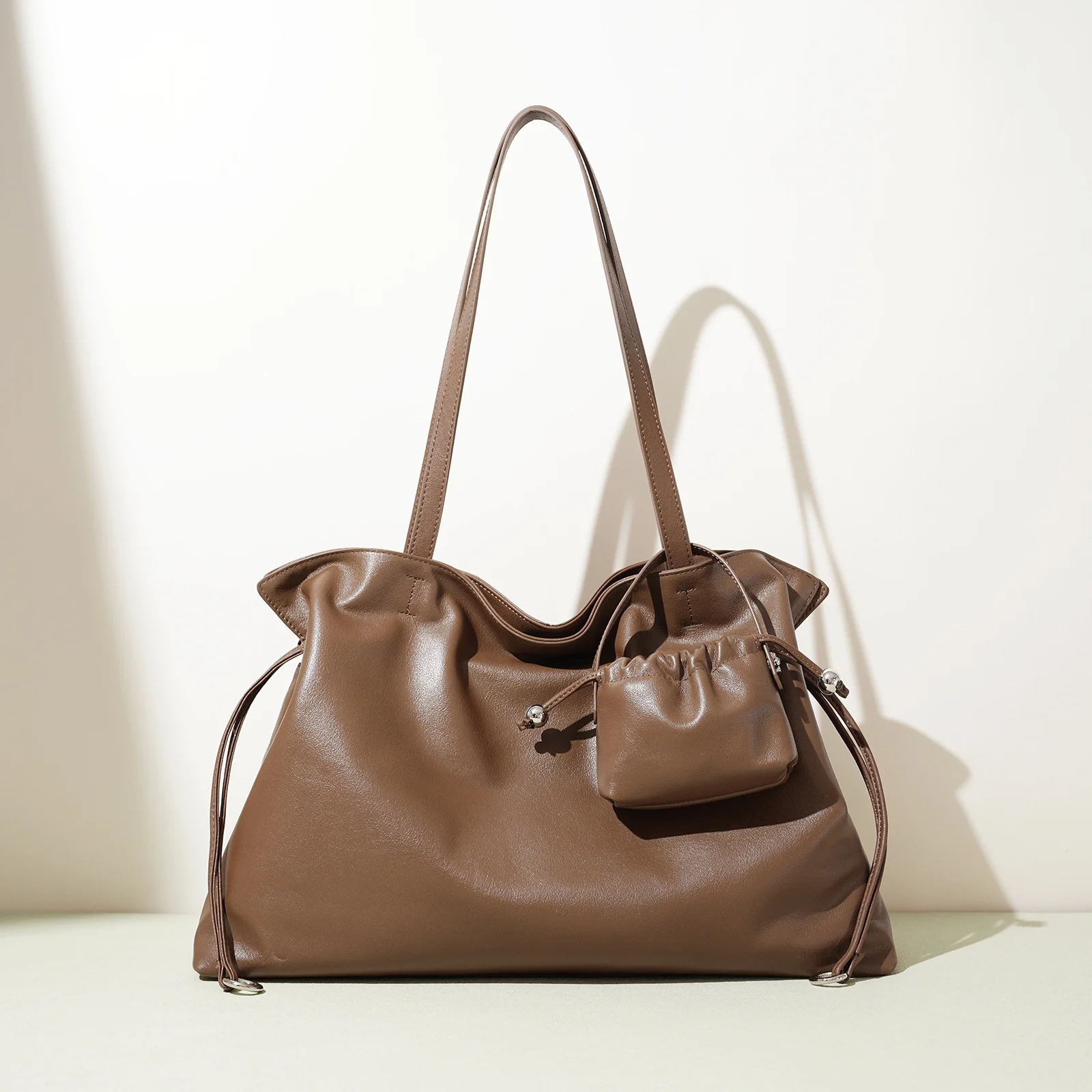 

Autumn Winter New Style Brown Leather Large Capacity Tote Bag Handheld Shoulder Ladies Underarm Big Bag Casual Mini Wallet Bag