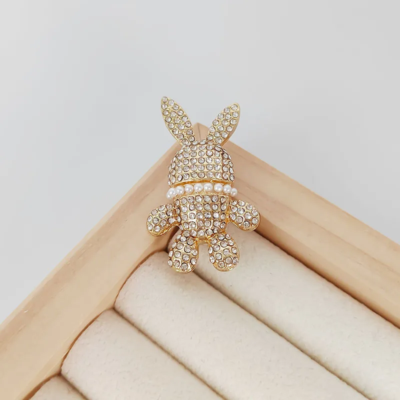 Luxury Full of Rhinestone Rabbit Brooches For Women Men Gold Color Cute Pearl Animal Lapel Pin Trendy Jewelry Wholesale