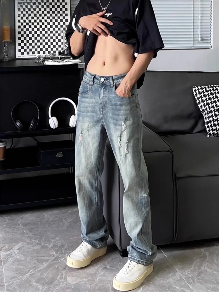 

Мужские джинсы в стиле ретро-американский винтаж, с эффектом грязи, повседневные, свободного кроя, прямые, весна-осень, длинные брюки, молодежный тренд