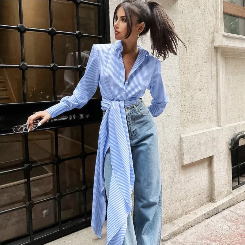 패션 스트라이프 여성 셔츠 긴팔 캐주얼 루즈 레이스업 허리 비대칭 셔츠 2025 라펠 넥 튜닉 블라우스 탑