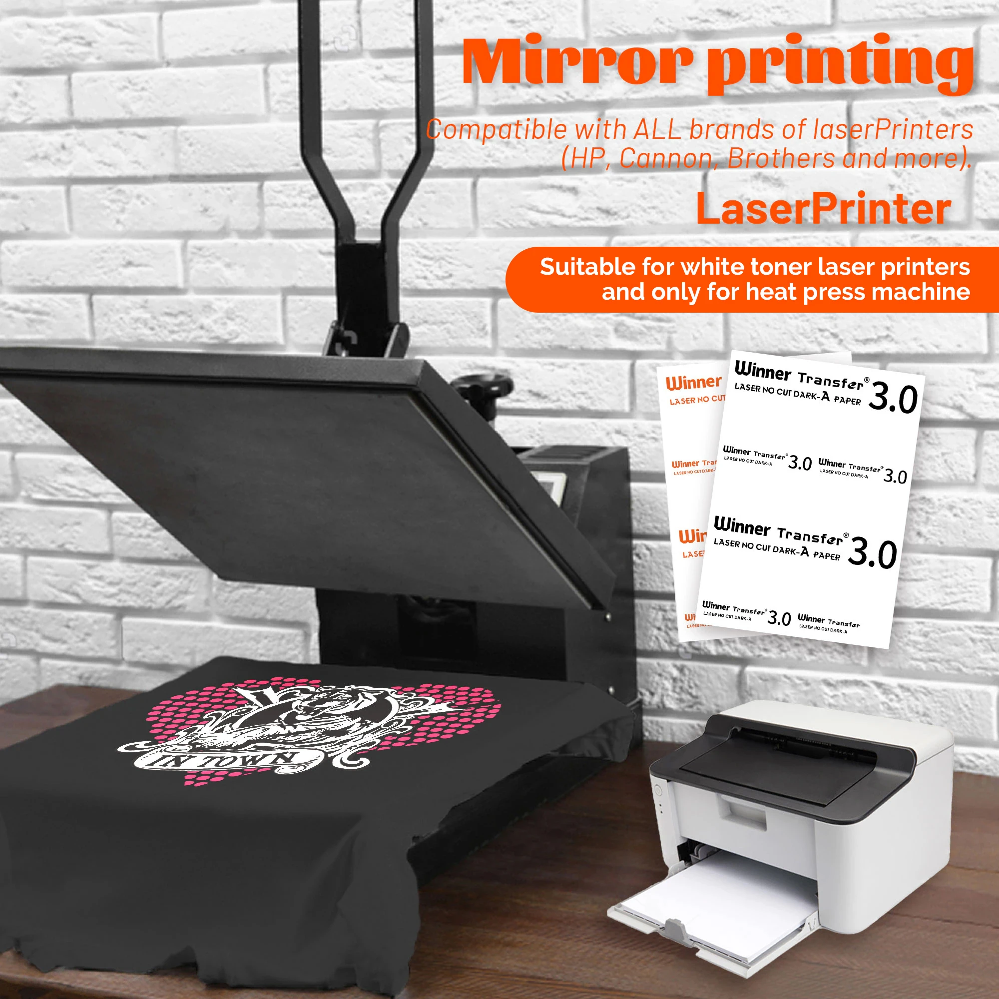 WinnerTransfer Laser No-Cut Dark Heat Transfer Paper for T-shirts A Paper+B Paper Self-weeding A4 5sheets for Heat Press Machine