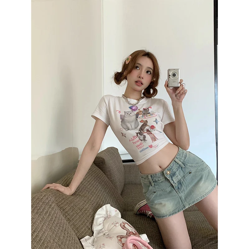 Hottie anti-walking a word denim half-body skirt female summer Korean version of high-waisted thin versatile package hip skirt