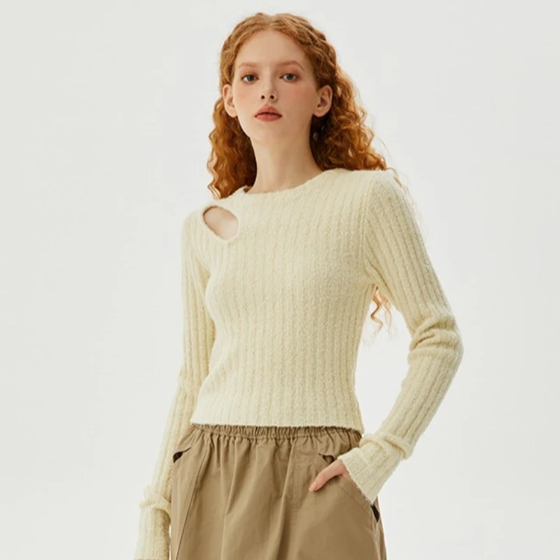 Casual Commuter Pullover Sweater Spicy Strapless Sweater Women's Autumn and Winter Round Neck Slim Knit Short Bottom Sweater