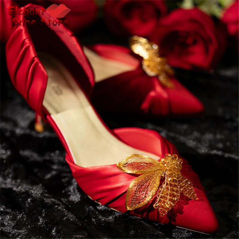 

Chinese Style Red Satin Thin Heel Pumps for Women Golden Flower Leaves Pointed Toe Shallow Stiletto Elegant Wedding Dress Shoes