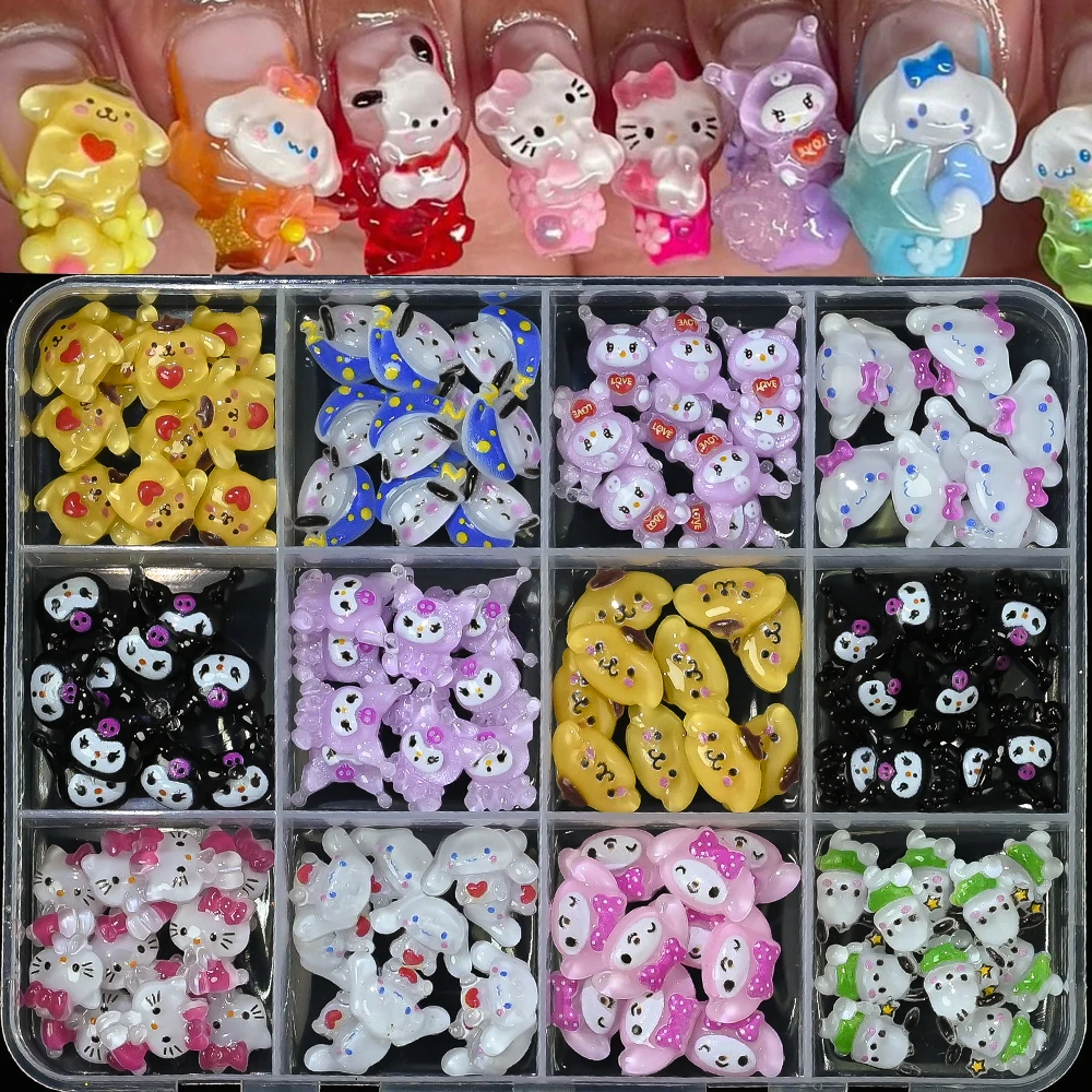 12 กริดผสม Sanrio การ์ตูนเรซิ่นเล็บ Charms ญี่ปุ่น Anime Kawaii Hello Kitty Kuromi สาว DIY เล็บ Rhinestones ตกแต่งเล็บ