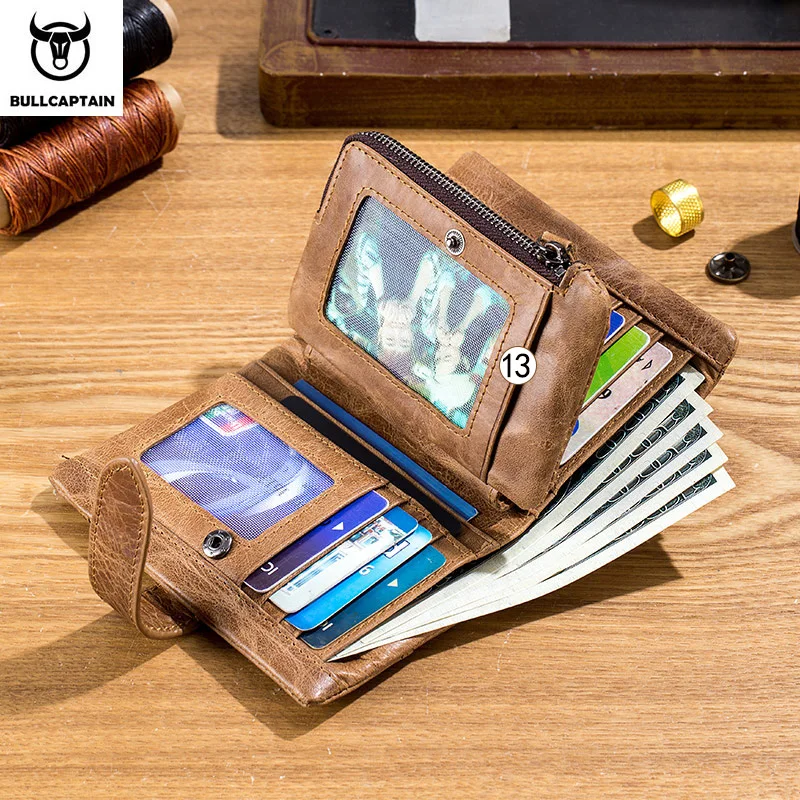 Skórzany portfel byka kapitan męski portfel z dwoma składany pojemnik na karty RFID blokujący portfel męski męska portmonetka żółty brązowy 01