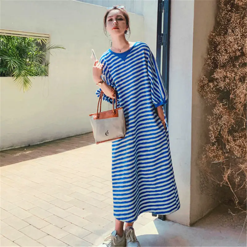 

Summer Hollow Out Striped T Shirt Dress Round Neck Short Sleeve Loose Backless Plus Size Dresses Fashion Casual Women Clothing