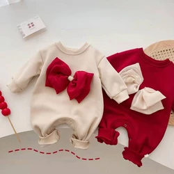 Korean Baby Clothing Newborn Fleece Jumpsuit Autumn and Winter Baby Warm Clothes Girls Bow Sweet Cute Long Rompers