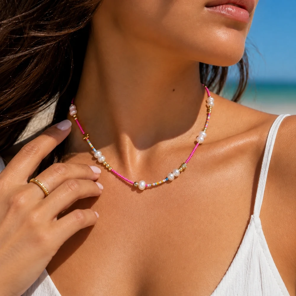 1pc Cute Star Pendant Freshwater Baroque Pearl Bead Necklace Pink Multicolor Copper Chain 42cm with 5cm Extender