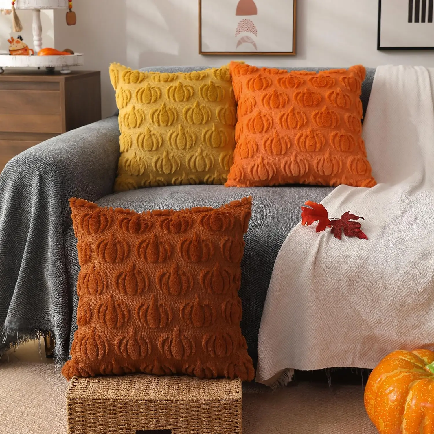 1 Uds. Fundas de almohada de otoño, decoraciones de otoño, fundas de almohada de calabaza naranja, funda de cojín de sofá de lana de piel sintética de felpa suave