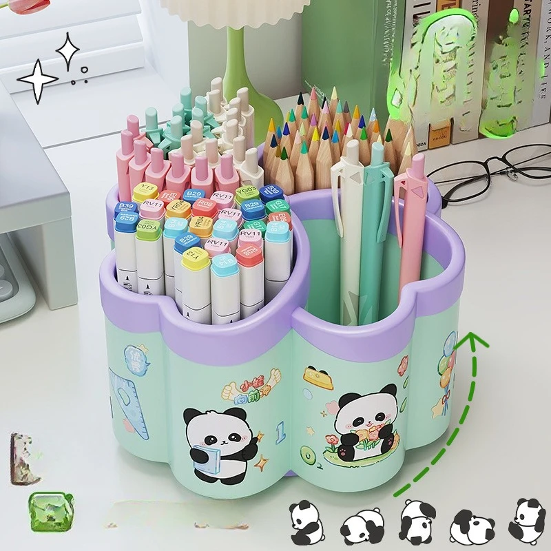 Panda Sticker Four-Leaf Clover Rotating Pen Holder - Multifunctional Large Capacity Desk Organizer for Students