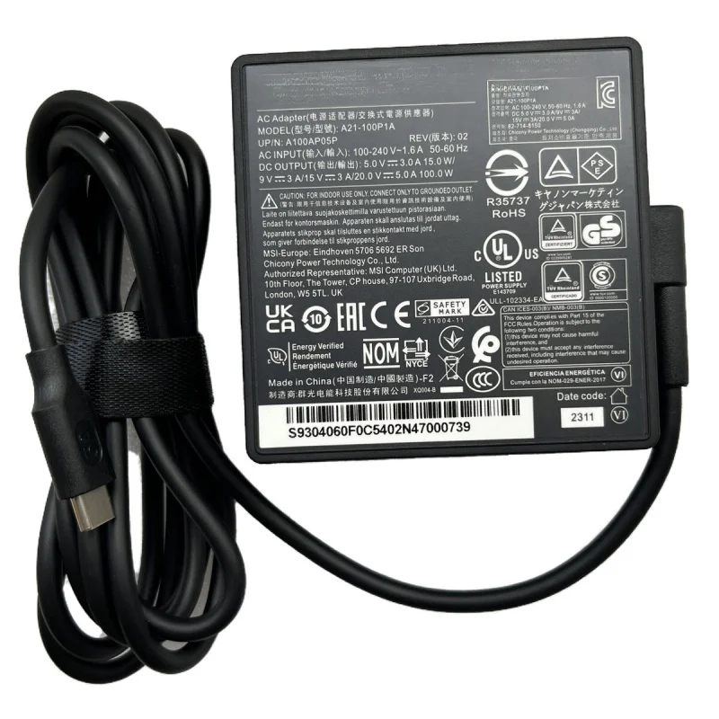 

20V 5A 100W AC Power Adapter Charger Type C For MSI Summit E15 A11SCS-207US