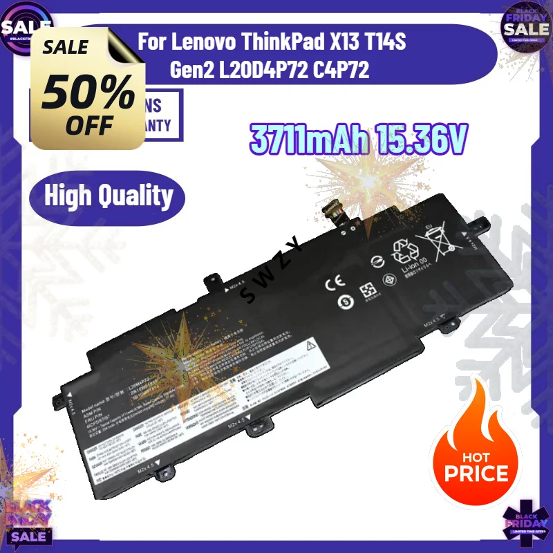 SWZY 3711mAh 15.36V L20M4P72 Laptop Battery For Lenovo ThinkPad X13 T14S Gen2 L20D4P72 C4P72 NEW