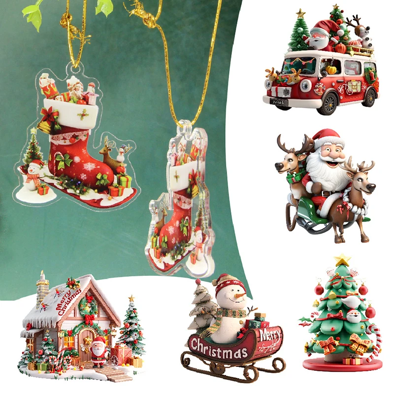 1pc Christmas Pendant 2d Acrylic Flat Santa Claus Snowman Xmas Tree Hanging Ornaments New Year Navidad Party Home Decoration