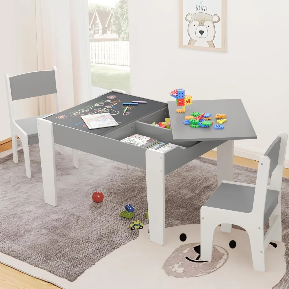 

4 in 1 Kids Table and 2 Chair Set, Table and Chairs for Toddlers 2-4 with 2 Reversible Blackboard, Children Table with Storage