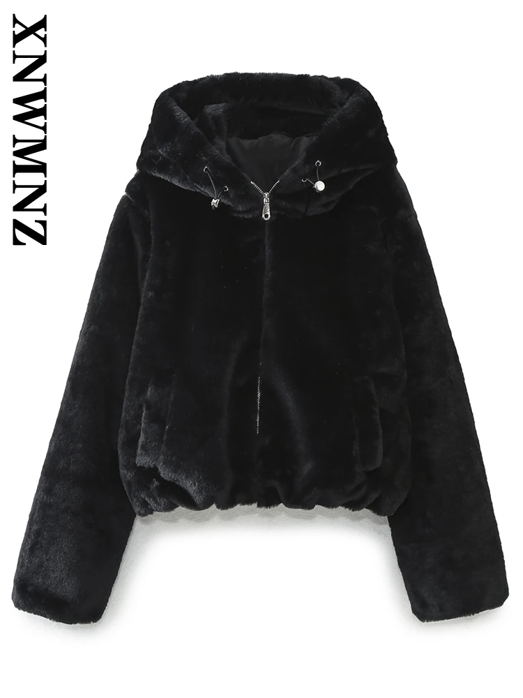 XNWMNZ 2024 Autumn New Woman Edgy Long Sleeve Faux Fur Jacket Top Vintage Winter Female Hooded Collar Hoodie Keep warm Coat