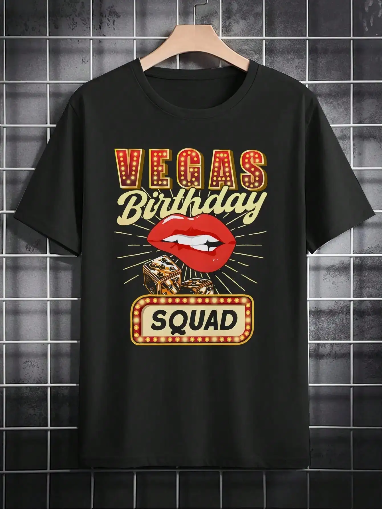 

Men's Birthday Squad Graphic T-Shirt-Black Casual Short Sleeve Round Neck Tee With Bold Red Lips & Design, Comfortable Fit Shirt