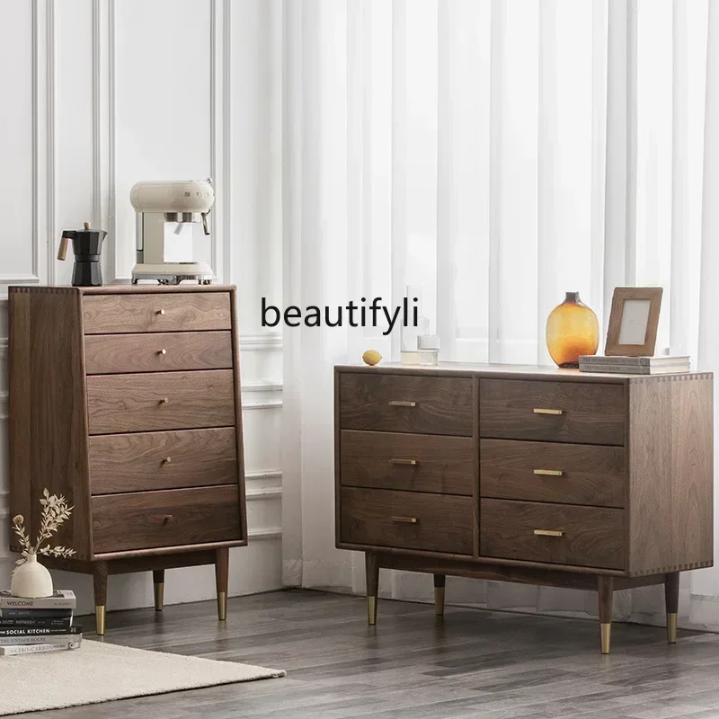 35Nordic Solid Wood Copper Feet Nine-Drawer Cabinet Black Walnut Bedroom Storage Cabinet Living RoomSSS