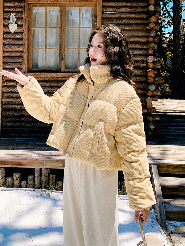 

Желтая вельветовая женская утепленная куртка с белым пуховым наполнителем, теплая повседневная свободная модная зимняя верхняя одежда