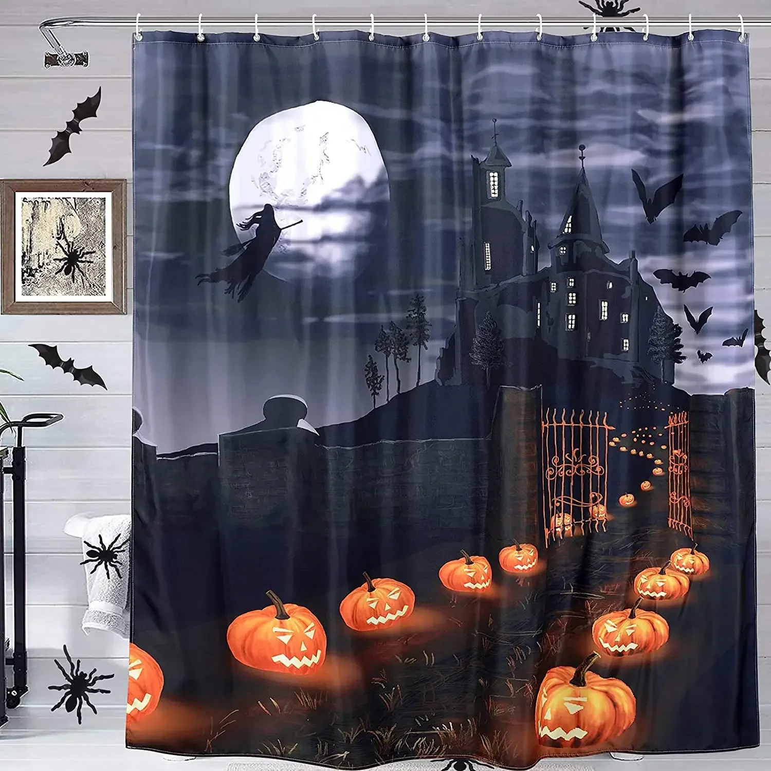 Horror Halloween Shower Curtain By Ho Me Lili Scary Pumpkin Full Moon Castle Witch Bathroom All Hallows Eve Nightmare Decorative