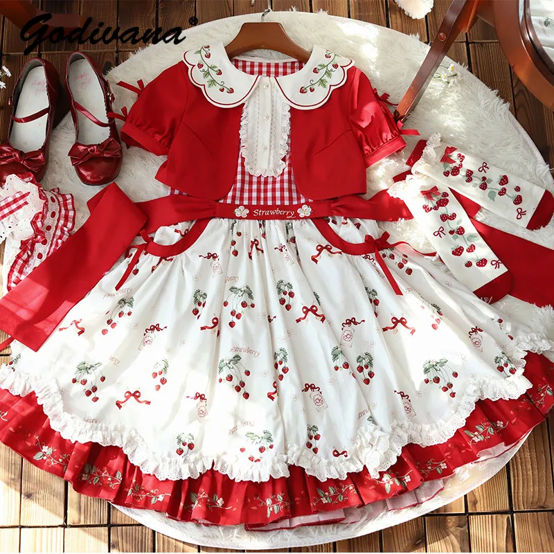 

Original Sweet Cute Strawberry Lolita Op Dress Spring Summer Girl Women's Doll Collar Slim Short Sleeve Elegant A-line Dresses
