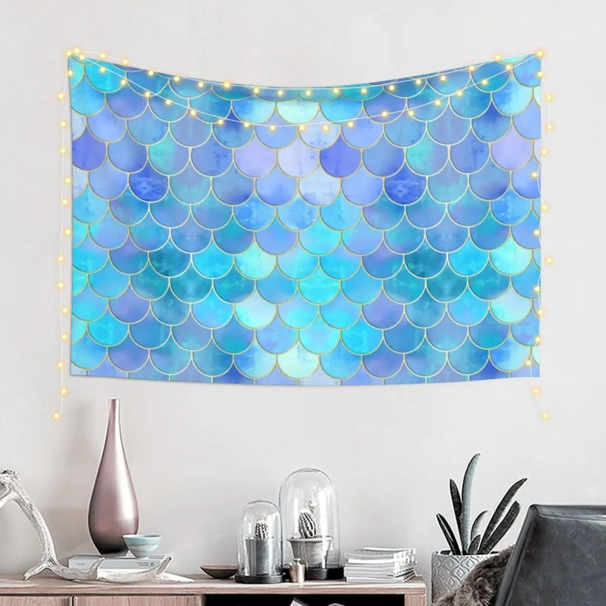 Aqua Pearlescent & Gold Mermaid Scale Pattern Tapestry Wallpaper Bedroom Room Aesthetic Decor Home Decorating Tapestry