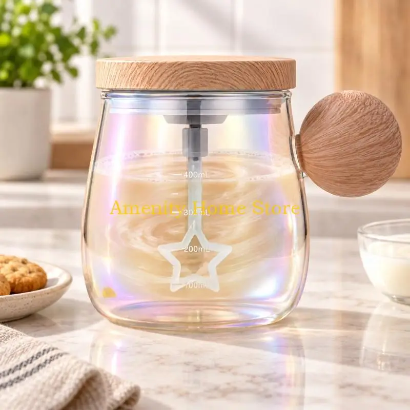 F26C Rechargeable Coffee Stirring Cup with Lid-Mounted Mixing Assembly, Glass Body, Wood Lid, and Automatic Operation