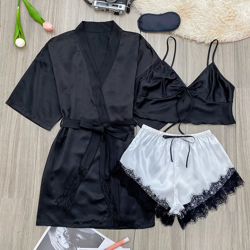 

Thin and Sexy Home Wear Three-piece Set: Silk-like Short-sleeved Top and Camisole Shorts Set, Comfortable Home Wear for Spring