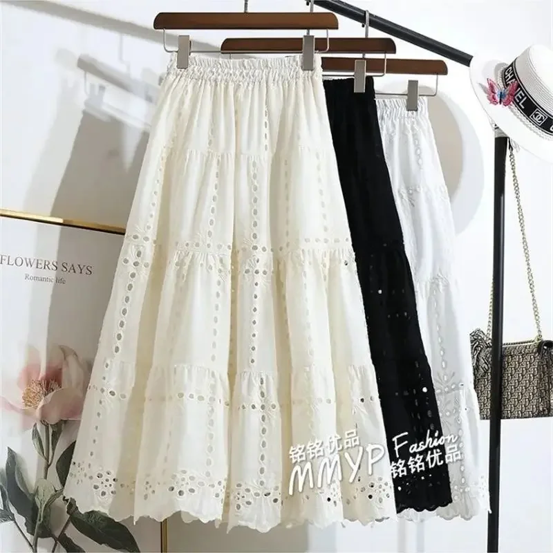 

New Autumn Hollow Out Embroidery Skirt Women Fashion High Waist Patchwork A-line Solid Color Tiered Ruffle Casual Skirts Jupe