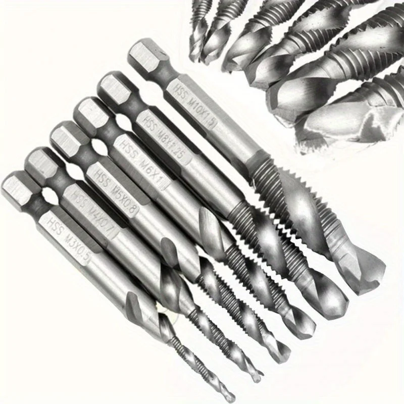 6pcs  Drill Tap Combination Bit Set - Metric Thread M3 M4 M5 M6 M8 M10 Taps Tool For Screw Tapping Countersink Drilling