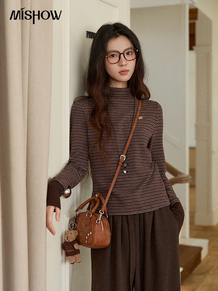 MISHOW الياقة المدورة المرأة متماسكة أعلى 2025 الخريف الرجعية مخطط سليم صالح طويلة الأكمام أعلى لينة الدافئة الكفة الربط البلوز MXE87Z2686 #1