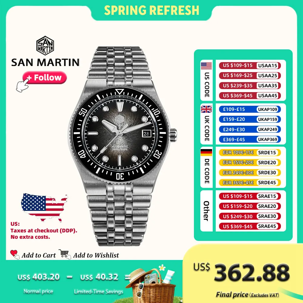 

San Martin SN0148 40mm Integrated Bracelet Diver Watch Enamel Dial Premium Miyota 9015 Automatic Mechanical Men Wristwatch 200m