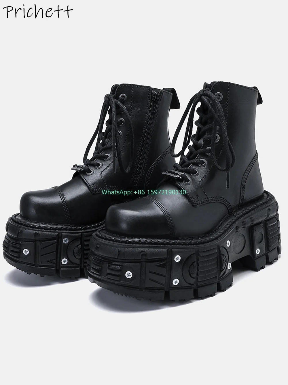 

Rivet Rick Soled Black Boots Round Toe Platform Lace Up Cross Tied Knight Shoes All Match Dark Punk Women's Fashion Ankle Boots