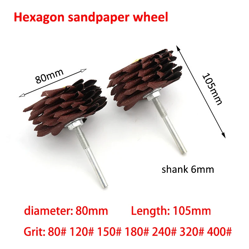 1pcs 80x105mm Hexagonal Sandpaper Grinding Head 6mm Shank Grit 80-400# Aluminum Oxide Abrasive Polishing Wheel for Dremel Tools